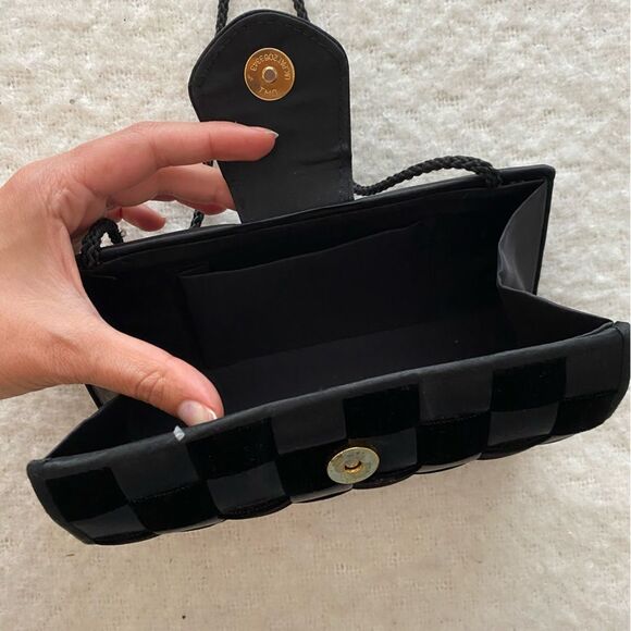 Vintage Black Checkered Velvet and Satin Crossbody Shoulder Bag - Picture 6 of 9